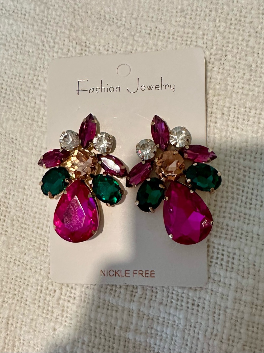 Fashion Jewelry Fuchsia Teardrop Crystal Earrings with Emerald Accents
